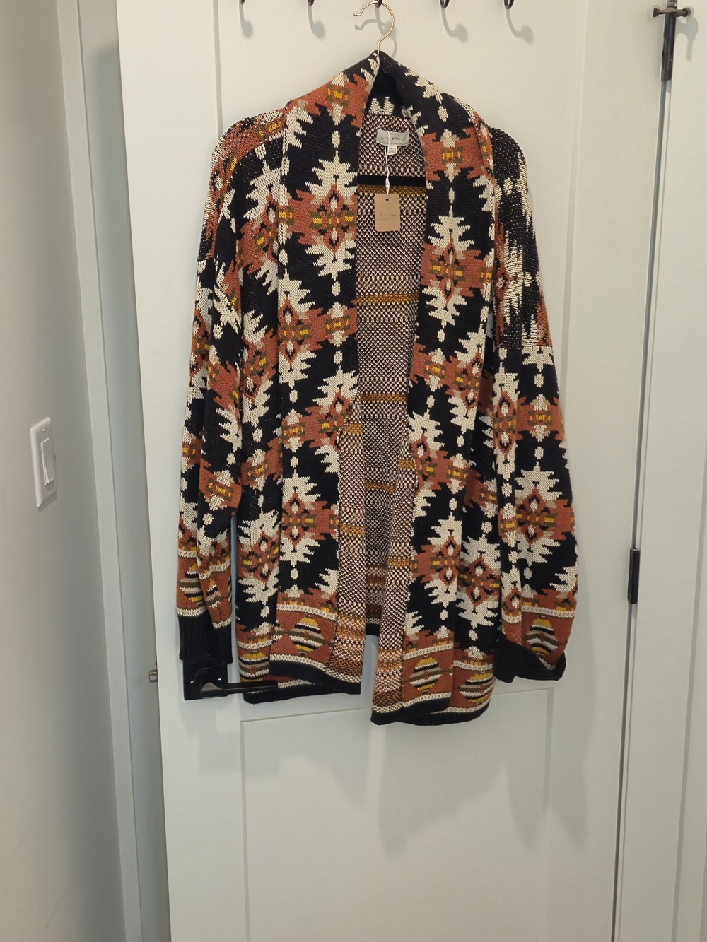 Lucky Brand Open-Front Geometric Pattern Cardigan - Black, Orange & Cream